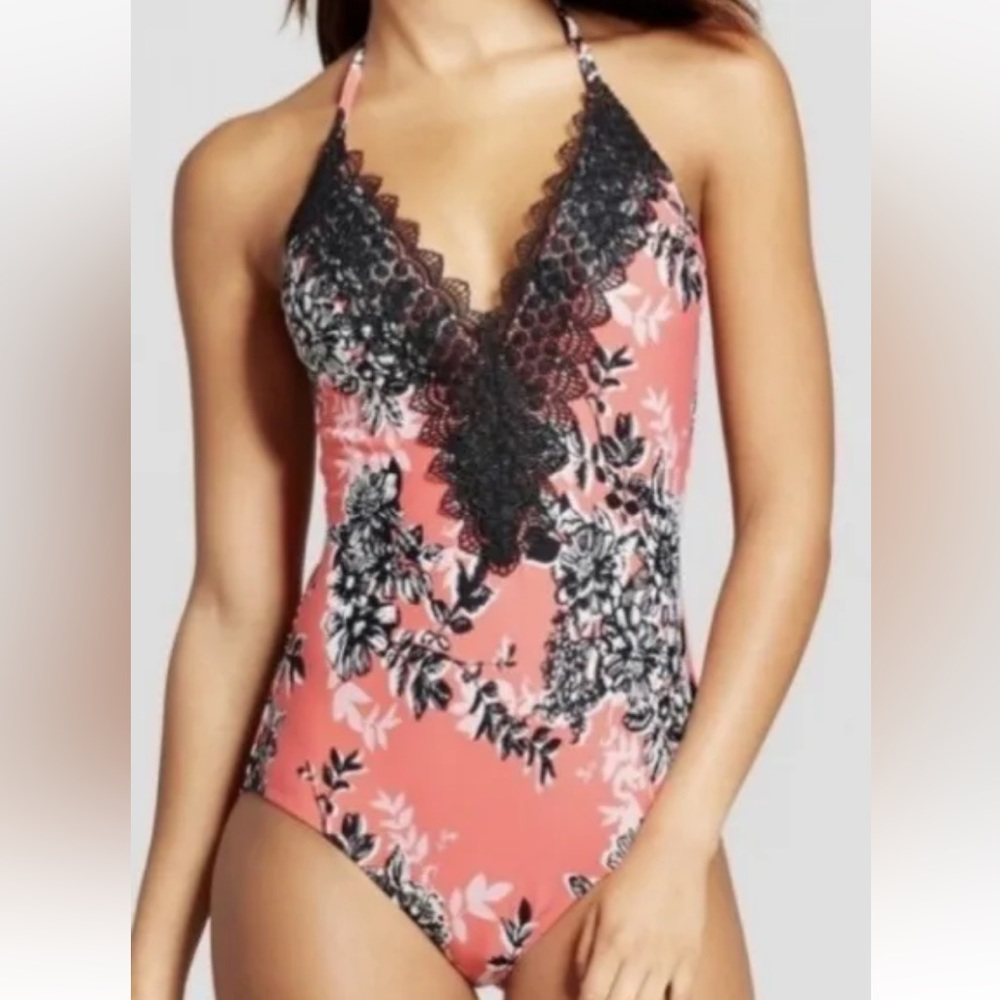 Sea Angel Halter Top Lace V-Neck Tropicoral One-Piece Swimsuit MEDIUM *NWT*